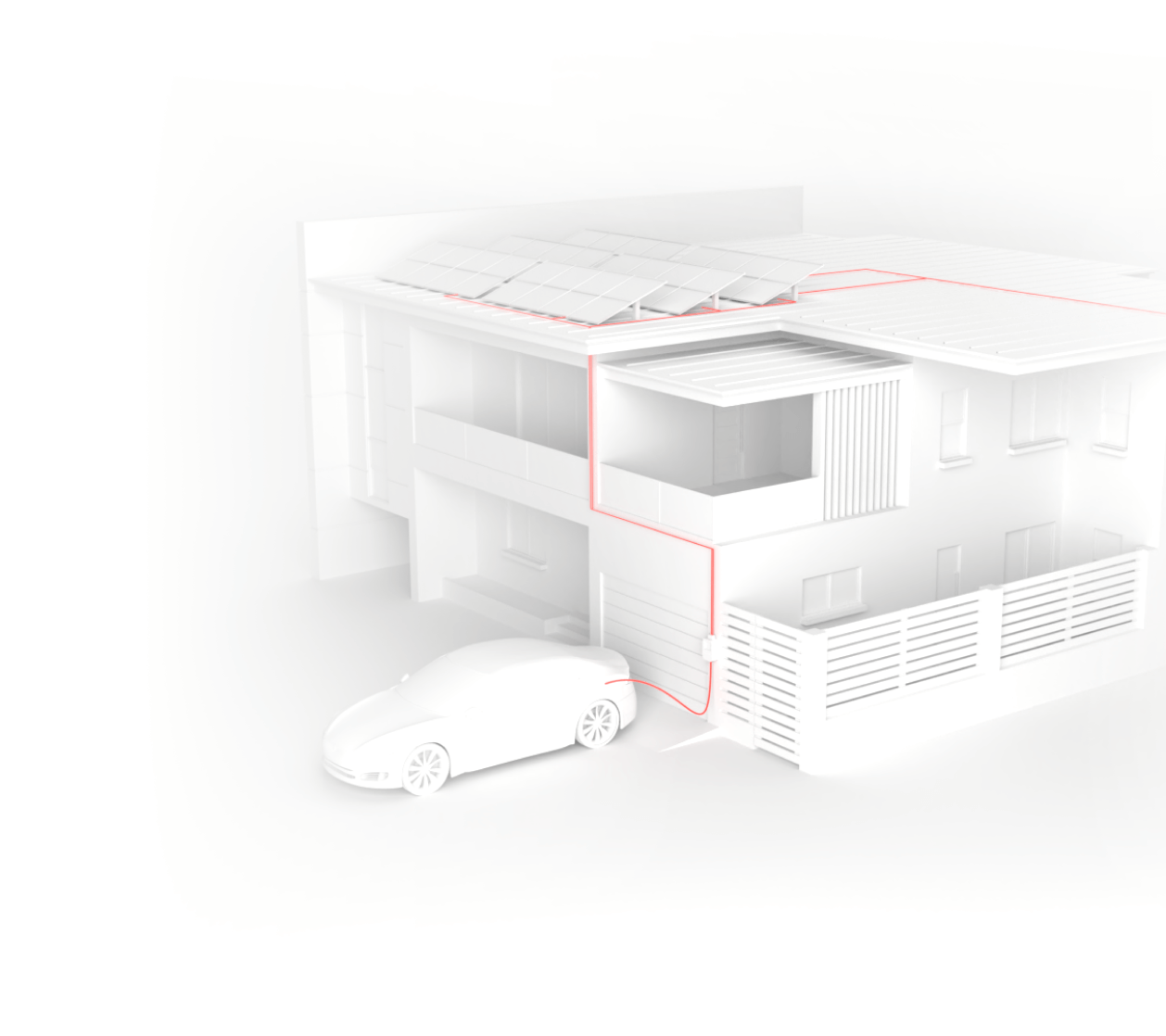 3D Rendering of a home with solar panels on the roof, electrical vehicle charging station, and backup generator